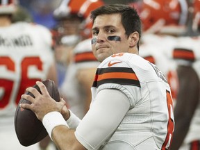 FILE - In this Nov. 12, 2017, file photo, Cleveland Browns quarterback Cody Kessler (6) throws on the sideline during an NFL football game against the Detroit Lions, in Detroit. The Browns have traded former starting quarterback Cody Kessler to the Jacksonville Jaguars. Cleveland will get back a conditional seventh-round pick in 2019 in exchange for Kessler, who started eight games as a rookie in 2016 but has been sliding down Cleveland's depth chart.