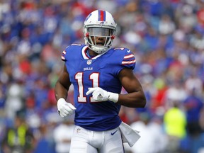 FILE - In this Sept. 10, 2017, file photo, Buffalo Bills' Zay Jones  runs on the field during the first half of the team's NFL football game against the New York Jets in Orchard Park, N.Y. Jones has been arrested in Los Angeles following a naked, bloody argument with his brother, Vikings receiver Cayleb Jones. A police spokesman says the player, whose legal name is Isaiah Avery Jones, was arrested Monday night, March 19, 2018, after officers responded to a disturbance.