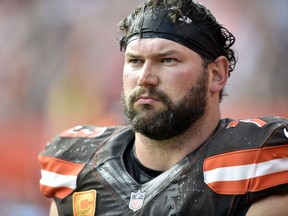 FILE - In this Oct. 22, 2017, file photo, Cleveland Browns offensive tackle Joe Thomas walks on the sideline during an NFL football game against the Tennessee Titans in Cleveland. Thomas has not informed Cleveland of his future plans as the team prepares to sign free agents. Thomas has been mulling whether to continue his playing career for months. The 10-time Pro Bowler suffered a season-ending injury in 2017, and Thomas is still recovering from surgery to repair his torn left triceps.