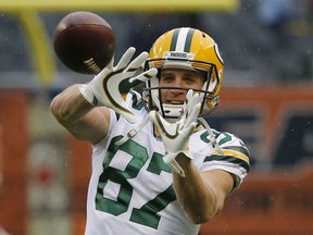 FILE - In this Nov. 12, 2017, file photo, Green Bay Packers wide receiver Jordy Nelson warms up before an NFL football game against the Chicago Bears in Chicago. The Packers released Nelson, the third-leading receiver in franchise history and one of quarterback Aaron Rodgers' top targets in the passing game, on Tuesday, March 13, 2018. Nelson had 550 receptions and 69 touchdown catches in 10 seasons in Green Bay.