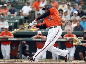 FILE - In this March 2, 2018, file photo, Baltimore Orioles' Manny Machado hits an RBI-double off Pittsburgh Pirates starting pitcher Tyler Glasnow in the first inning of a spring training baseball game in Sarasota, Fla.  For several years now, the Orioles have operated under manager Buck Showalter with a core group of players led by Manny Machado, Adam Jones and Zach Britton.