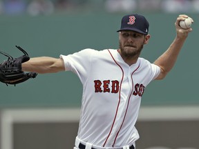 FILE - In this March 19, 2018, file photo, Boston Red Sox starting pitcher Chris Sale delivers to the Philadelphia Phillies during the first inning of a spring training baseball game in Fort Myers, Fla. Sale and and David Price were brought along slowly this spring, to keep them strong throughout the season.
