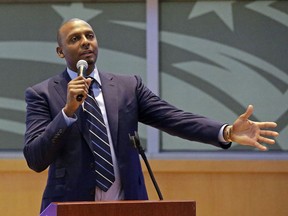 FILE - In this Jan. 20, 2017, file photo, former NBA basketball guard Penny Hardaway speaks at his induction ceremony in the Orlando Magic Hall of Fame in Orlando, Fla. A person familiar with the situation says Memphis will announce Hardaway as its men's basketball coach Tuesday, March 20, 2018. The person spoke to The Associated Press Monday on condition of anonymity because Memphis has not publicly announced the hire.