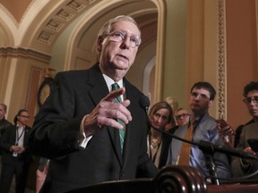 FILE - In this March 6, 2018, file photo, Senate Majority Leader Mitch McConnell, R-Ky., talks during a news conference at the Capitol in Washington. McConnell said Monday, March 26, 2018, that he'll introduce legislation to legalize hemp as an agricultural commodity.