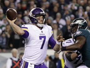 FILE - In this Sunday, Jan. 21, 2018, file photo, Minnesota Vikings quarterback Case Keenum throws during the first half of the NFL football NFC championship game against the Philadelphia Eagles in Philadelphia. Keenum plans to sign with Denver when free agency opens Wednesday, March 14, ESPN reported early Tuesday.