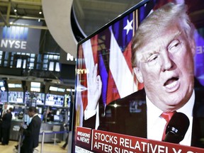 FILE- In this Nov. 9, 2016, file photo an image of President-elect Donald Trump appears on a television screen on the floor of the New York Stock Exchange. Last year, investors calmly brushed aside every surprise that came out of Capitol Hill or the White House. Now, markets are moving sharply either in anticipation of policy changes or upon their announcement.