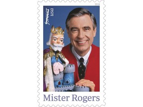 This image released by the U.S. Postal Service shows the Mister Rogers forever stamp which will go on sale on Friday, March 23. Fred Rogers, the gentle TV host who entertained and educated generations of preschoolers on "Mister Rogers' Neighborhood," died in 2003 at age 74. (U.S. Postal Service via AP)