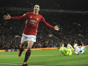 FILe - In this Dec. 26, 2016, file photo, Manchester United's Zlatan Ibrahimovic, left, celebrates after scoring his side's second goal during an English Premier League soccer match against Sunderland at Old Trafford in Manchester, England. Sources with knowledge of the deal say Ibrahimovic has signed a two-year contract with Major League Soccer to leave Manchester United and join the LA Galaxy. The sources spoke to The Associated Press on the condition of anonymity Thursday, March 22, 2018, because the deal had not been announced. The agreement was first reported by the Los Angeles Times.