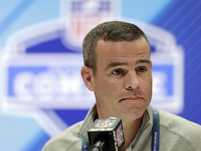 FILE - In this Feb. 28, 2018, file photo, Buffalo Bills general manager Brandon Beane speaks during a press conference at the NFL football scouting combine in Indianapolis. Beane refuses to paint himself into a corner in making any public commitment to selecting a quarterback in the first round of the draft. He says it's premature to determine what position the Bills will target with either of their two first-round picks, because his attention was focused on reshaping the roster through a series of trades and free-agent signings over the past few weeks.