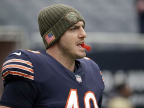 FILE - In this Nov. 12, 2017, file photo Chicago Bears long snapper Andrew DePaola warms up before an NFL football game against the Green Bay Packers in Chicago. The Oakland Raiders have signed the free-agent long snapper to a four-year, $4.27 million contract, Friday March 16, 2018.
