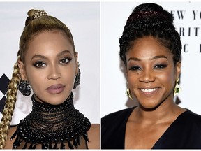 in this combination photo, Beyonce Knowles attends the Tidal X: 1015 benefit concert in New York on Oct. 15, 2016, left, and "Girls Trip" actress Tiffany Haddish attends the New York Film Critics Circle Awards at TAO Downtown on Jan. 3, 2018, in New York. Haddish told GQ magazine in a profile released Monday, March 26, that someone allegedly bit Beyonce on the face at a party back in December. She didn't name the culprit but the story set off Beyonce's social media Beyhive of die-hard fans and a whole lot of internet sleuthing. The mystery even has a hashtag: #WhoBitBeyonce. (Photo by Evan Agostini/Invision/AP)