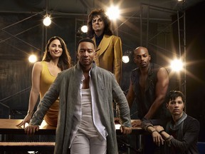 This image released by NBC shows, clockwise from foreground center, John Legend as Jesus Christ, Sara Bareilles as Mary Magdalene, Alice Cooper as King Herod, Brandon Victor Dixon as Judas Iscariot and Jason Tam as Peter from the NBC production, "Jesus Christ Superstar Live In Concert," airing April 1.