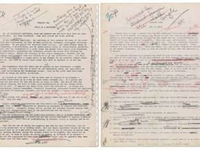 This image released by Profiles in History shows two pages from the original Alcoholics Anonymous manuscript. Alcoholics Anonymous is demanding the return of its 1939 original manuscript describing the "Twelve Step" program of recovery from alcoholism. Alcoholics Anonymous World Services Inc. in New York state court last Thursday sued an Alabama man, Ken Roberts, who owns the manuscript, a New York art gallery and a California auction house. The manuscript is to be sold June 8 at auction. The lawsuit said the manuscript was gifted to a man who left instructions for it to be given to Alcoholics Anonymous upon his death. But it never was. (Profiles in History via AP)