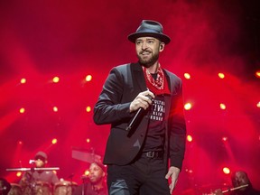 FILE - In this Sept. 23, 2017 file photo, Justin Timberlake performs at the Pilgrimage Music and Cultural Festival in Franklin, Tenn. Timberlake's Wednesday night concert New York City being postponed due to the spring nor'easter. He added that his Thursday night show at Madison Square Garden would still go on.