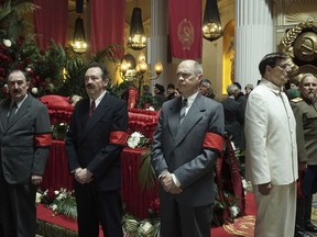 This image released by IFC Films shows, from left, Dermot Crowley, Paul Whitehouse, Steve Buscemi, Jeffrey Tambor and Paul Chahidi in a scene from "The Death of Stalin."