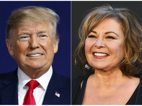 In this combination photo, U.S. President Donald Trump appears at a campaign rally in Moon Township, Pa., on March 10, 2018, left, and Roseanne Barr arrives at the Los Angeles premiere of "Roseanne" in Burbank, Calif. Trump reached out to Roseanne Barr to congratulate her after the debut of her ABC sitcom reboot drew 18.4 million viewers. Speaking by telephone Thursday on ABC's "Good Morning America," Barr said the call was "pretty exciting." She described the exchange as a "friendly conversation about working in television and ratings." (AP Photo)