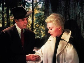This image released by Universal Studios shows Jimmy Stewart, left, and Kim Novak in a scene from "Vertigo." On Sunday, as part of the TCM Big Screen Classics series, "Vertigo" will be back in theaters with an encore on Wednesday, March 21. (Universal Studios via AP)