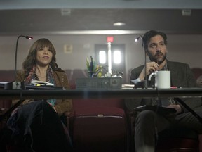 This image released by NBC shows Rosie Perez as Tracey Wolfe, left, and Josh Radnor as Lou Mazzuchelli in a scene from "Rise," debuting Tuesday at 10 p.m. EST.