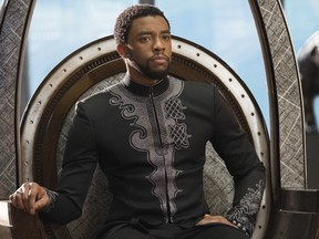 This image released by Disney shows Chadwick Boseman in a scene from Marvel Studios' "Black Panther." "Black Panther" is king of the U.S. box office for the third straight weekend. Studio estimates Sunday, March 4, 2018, say the Marvel movie brought in $65 million in the U.S. this weekend, easily outpacing new releases "Red Sparrow" and "Death Wish."