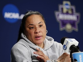 South Carolina head coach Dawn Staley speaks during a women's NCAA college basketball tournament press conference Sunday, March 25, 2018, in Albany, N.Y. South Carolina will play against Connecticut in a regional final game on Monday.