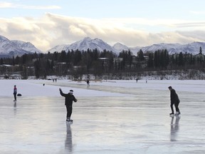 In this Jan. 2, 2018, file photo, ice skaters take advantage of unseasonable warm temperatures to ice skate outside at Westchester Lagoon in Anchorage, Alaska.