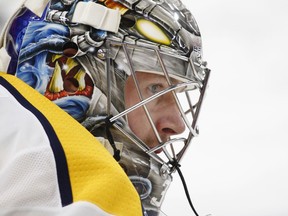 Nashville Predators goalie Pekka Rinne (35) looks on prior to an NHL hockey game against the Buffalo Sabres, Monday, March 19, 2018, in Buffalo, N.Y.