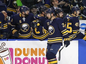 Buffalo Sabres Sam Reinhart (23) celebrates his goal during the first period of an NHL hockey game against the Toronto Maple Leafs, Monday, March 5, 2018, in Buffalo, N.Y.