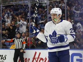 Toronto Maple Leafs forward James Van Riemsdyk (25) celebrates his goal during the first period of an NHL hockey game against the Buffalo Sabres, Thursday, March 15, 2018, in Buffalo, N.Y.