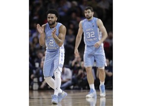 North Carolina guard Joel Berry II (2) reacts during the first half of the team's NCAA college basketball game against Duke in the Atlantic Coast Conference men's tournament Friday, March 9, 2018, in New York.