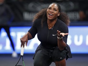 Serena Williams of the United States reacts as a call goes against her and to opponent Zhang Shuai of China during the Tie Break Tens tournament at Madison Square Garden, Monday, March 5, 2018 in New York. Zhang defeated Williams to advance to the final round in the tournament but was defeated by Elina Svitolina. The Tie Break Tens' New York event is a one-day day exhibition tournament featuring eight female players competing for a $250,000 winner's prize.