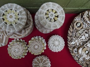 This Oct. 23, 2017 photo shows intricately woven baskets and accessories, which are traditional crafts made by locals in Majuro, Marshall Islands.