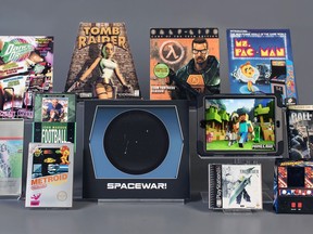 This undated photo provided by the The Strong in Rochester, N.Y., shows the 12 finalists for the World Video Game Hall of Fame class of 2018. The finalists , in alphabetical order are: "Asteroids," "Call of Duty," "Dance Dance Revolution," "Final Fantasy VII," "Half-Life," "John Madden Football," "King's Quest," "Metroid," "Minecraft," "Ms. Pac-Man," "Spacewar!," and "Tomb Raider." The winners will be inducted on May 3.