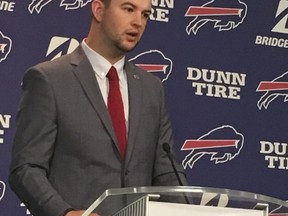 Quarterback A.J. McCarron speaks to the media after his arrival at Buffalo Bills headquarters in Orchard Park, N.Y., on Thursday, March 15, 2018, a day after agreeing to a two-year contract in the opening hours of the NFL's free-agency period. McCarron looks forward for the opportunity to compete for a starting job on his own terms in Buffalo, after spending the past four years working in Andy Dalton's shadow in Cincinnati.