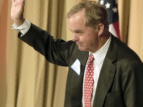 FILE - In this April 4, 2006 file photo, William H.T. "Bucky" Bush, brother of former President H.W. Bush, waves to the crowd at a fundraiser in St. Louis. Former Florida Gov. Jeb Bush confirmed Thursday, March 1, 2018 in an email to The Associated Press that his uncle, William H.T. "Bucky" Bush died Wednesday. He was 79.