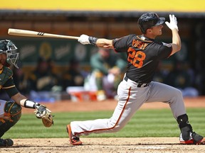 San Francisco Giants' Buster Posey swings for a two run double off Oakland Athletics' Daniel Gossett during the third inning of an exhibition baseball game on Sunday, March 25, 2018 in Oakland, Calif.