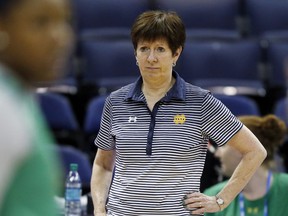 Notre Dame head coach Muffet McGraw watches during a practice session for the women's NCAA Final Four college basketball tournament, Thursday, March 29, 2018, in Columbus, Ohio. Notre Dame plays Connecticut on Friday.