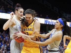 Central Michigan forward Reyna Frost grabs a rebound between Buffalo forward Summer Hemphill, right, and Cassie Oursler during the first half of an NCAA college basketball game in the championship of the Mid-American Conference tournament Saturday, March 10, 2018, in Cleveland.