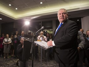 Doug Ford stands at the podium after being named as the newly elected leader of the Ontario Progressive Conservatives at the delayed Ontario PC Leadership announcement in Markham, Ont., on Saturday, March 10, 2018.