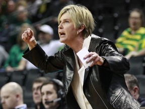 Minnesota coach Marlene Stollings calls to her team during a first-round game against Green Bay in the NCAA women's college basketball tournament in Eugene, Ore., Friday, March 16, 2018.