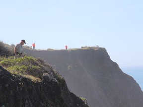 Deputy Bill Holcomb looks down the cliff near the crash site near Mendocino, Calif., as search and rescue volunteers scour the area behind him on Thursday, March 29, 2018, and resume looking for three children, still missing after their parent's SUV plunged into the ocean Monday. Investigators have yet to determine the cause of the crash.