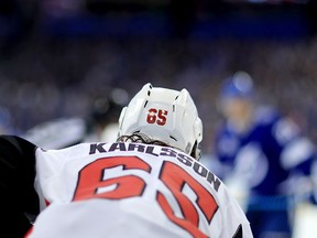 Ottawa Senators defenceman Erik Karlsson lines up for a faceoff against the Tampa Bay Lightning on March 13.