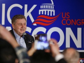 Republican Rick Saccone thanks supporters at the party watching the returns for a special election being held for the Pennsylvania 18th Congressional District vacated by Republican Tim Murphy, Tuesday, March 13, 2018, in McKeesport, Pa. A razor's edge separated Democrat Conor Lamb and Saccone Tuesday night in their closely watched special election in Pennsylvania, where a surprisingly strong bid by first-time candidate Lamb was testing Donald Trump's sway in a GOP stronghold.