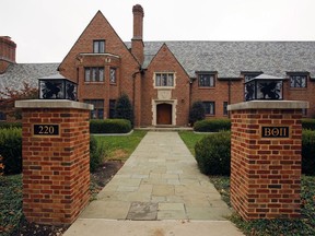 FILE--This file photo from Nov. 9, 2017 shows the Beta Theta Pi fraternity house on the Penn State University main campus in State College, Pa. On Feb. 4, 2017, 19-year-old fraternity pledge Tim Piazza drank heavily at a pledge party, then fell head-first down basement stairs, the first of several tumbles that left him mortally injured. A preliminary hearing set to begin on Friday, March 23, 2018, at the courthouse near campus involves 11 of the 26 young men charged in connection with the February 2017 death of 19-year-old Tim Piazza, of Lebanon, New Jersey.