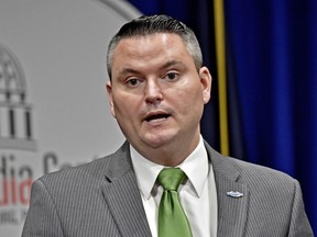 In this Monday, Feb. 5, photo, State Rep. Nick Miccarelli, R-Delaware, speaks during a joint press conference with State Rep. Margo Davidson, D-Delaware, on commonsense gun reform legislation in the Capitol Media Center.