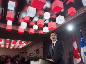 Prime Minister Justin Trudeau delivers a speech at a party fund raiser Wednesday, March 28, 2018 in Montreal.