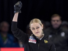 Russia skip Victoria Moiseeva celebrates her team's bronze medal victory over the United States at the World Women's Curling Championship Sunday, March 25, 2018 in North Bay, Ont.