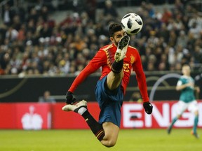 Spain's Diego Costa kicks the ball during an international friendly soccer match between Germany and Spain in Duesseldorf, Germany, Friday, March 23, 2018.