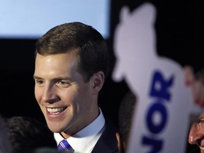 Conor Lamb, the Democratic candidate for the March 13 special election in Pennsylvania's 18th Congressional District celebrates with his supporters at his election night party in Canonsburg, Pa., early Wednesday, March 14, 2018.