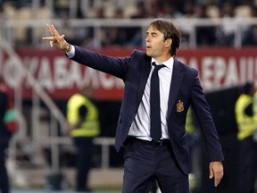 FILE - In this June 11, 2017 file photo, Spain's head coach Julen Lopetegui gives instructions to his players, during their World Cup Group G qualifying soccer match against Macedonia, at the Philip II National Stadium in Skopje, Macedonia. Spain enters the final stage of its World Cup preparations with coach Julen Lopetegui experimenting up front. Lopetegui has called up several different forwards since taking over the national squad and has plenty of options to choose from before announcing the final list for Russia in a few months.