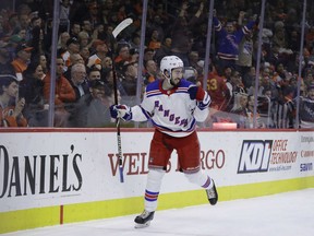 New York Rangers' Mika Zibanejad (93) celebrates after scoring a goal during the first period of an NHL hockey game against the Philadelphia Flyers, Thursday, March 22, 2018, in Philadelphia.